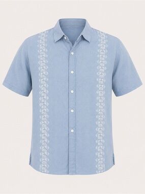 Amiani Linen Camp Shirt Blue Medium Resort Cuban Guayabera Vacation